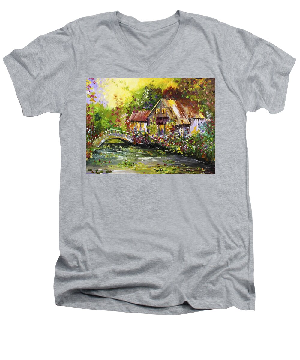Waterfall Men's V-Neck T-Shirt featuring the painting Spring Time by Kevin Brown
