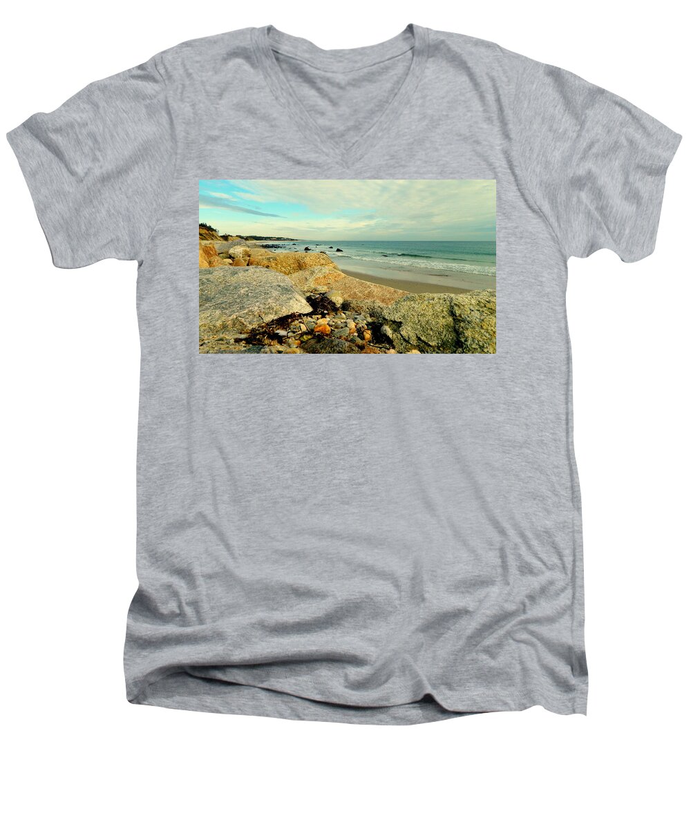 New England Men's V-Neck T-Shirt featuring the photograph Squibby Cliffs and Mackerel Sky by Kathy Barney