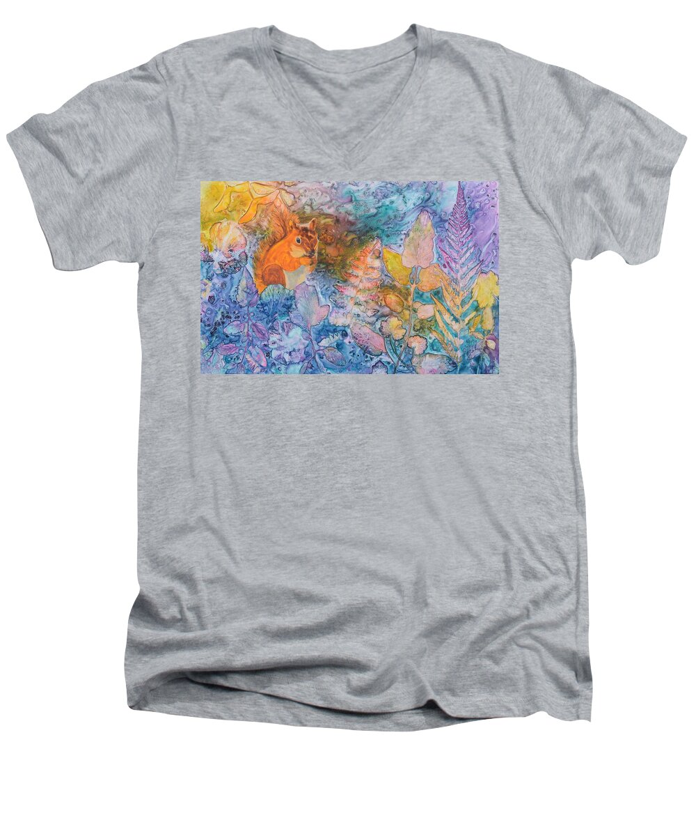 Squirrel Men's V-Neck T-Shirt featuring the painting Squirrel Hollow by Nancy Jolley