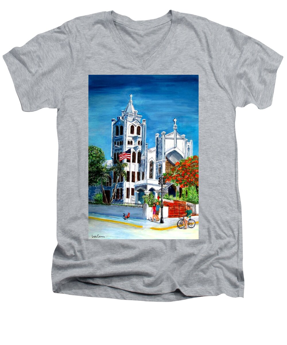 St. Paul's Men's V-Neck T-Shirt featuring the painting St. Paul's Church by Linda Cabrera
