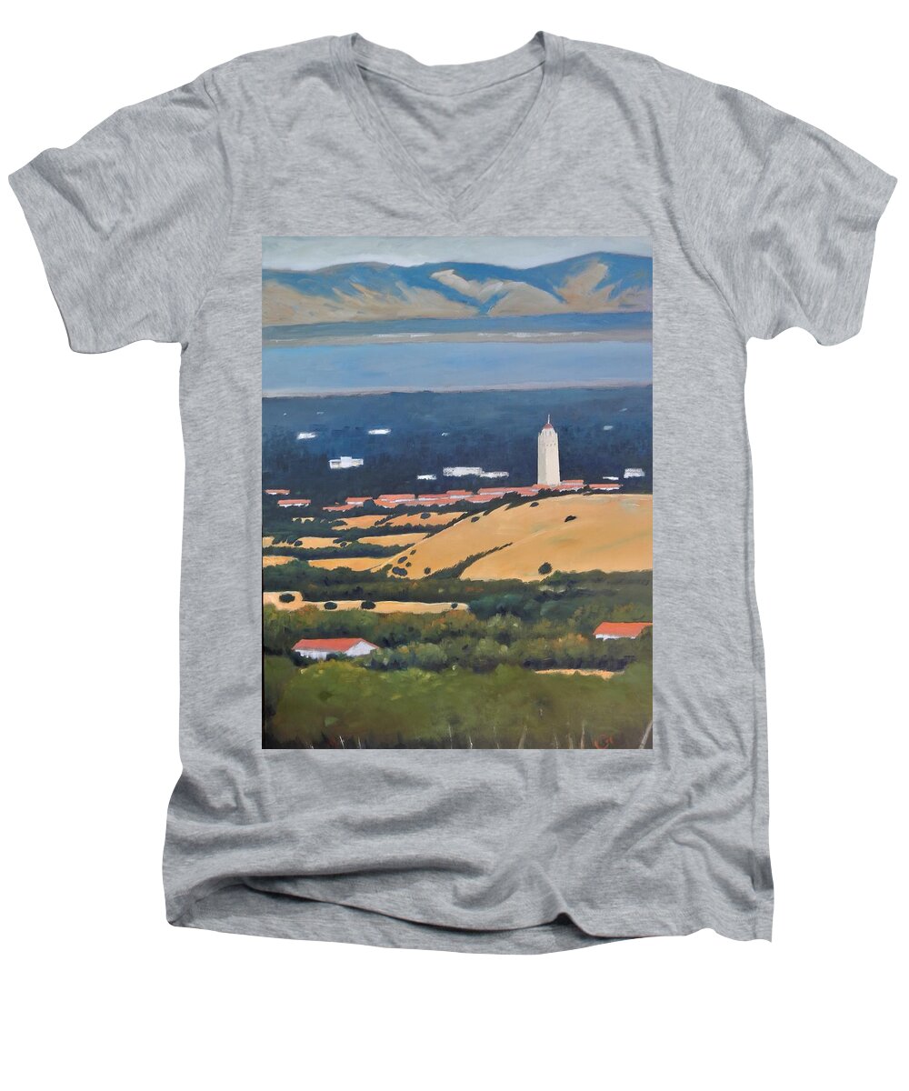 Stanford University Men's V-Neck T-Shirt featuring the painting Stanford from Hills by Gary Coleman