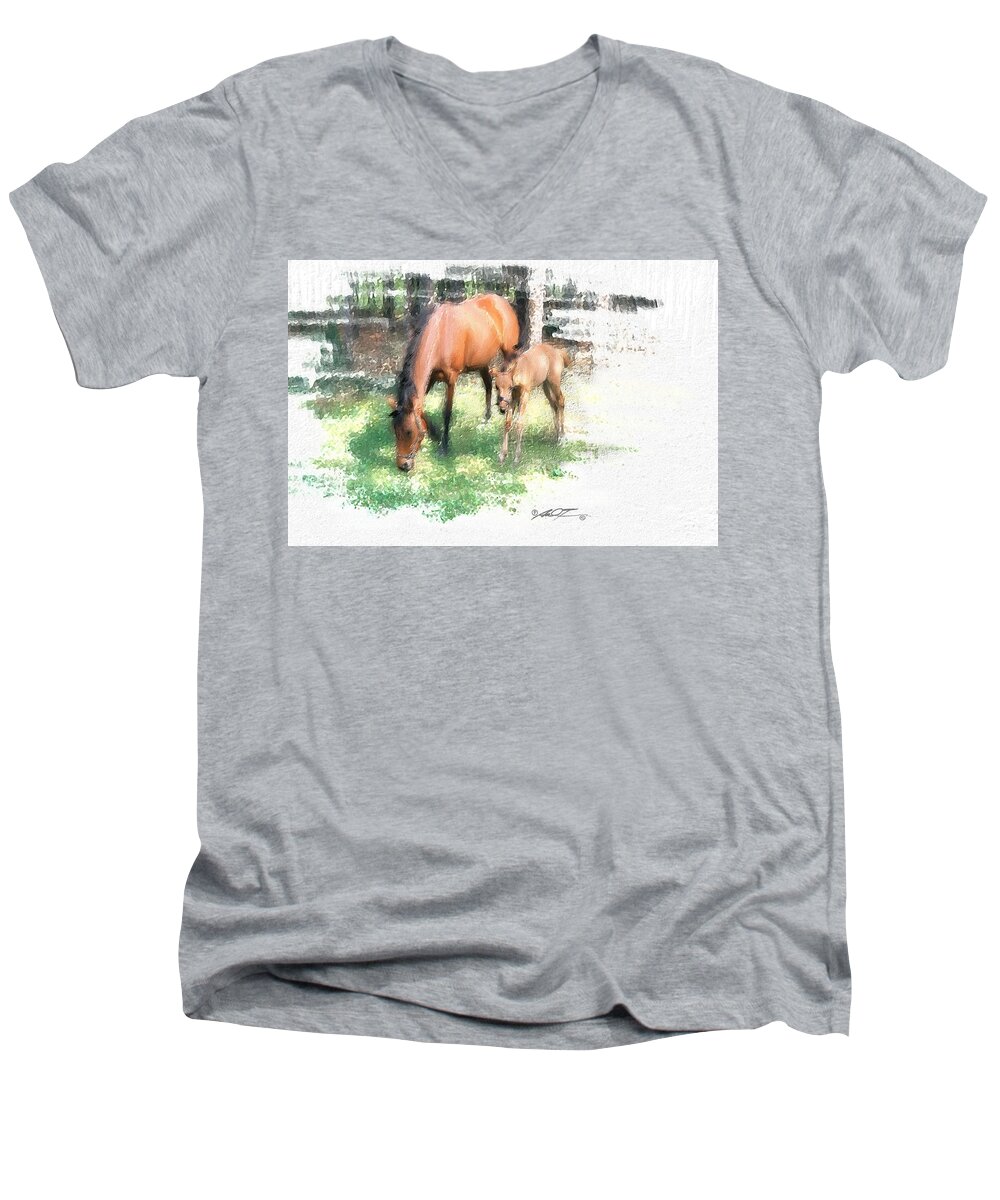 Mare Men's V-Neck T-Shirt featuring the painting Star and Her Colt by Dale Turner