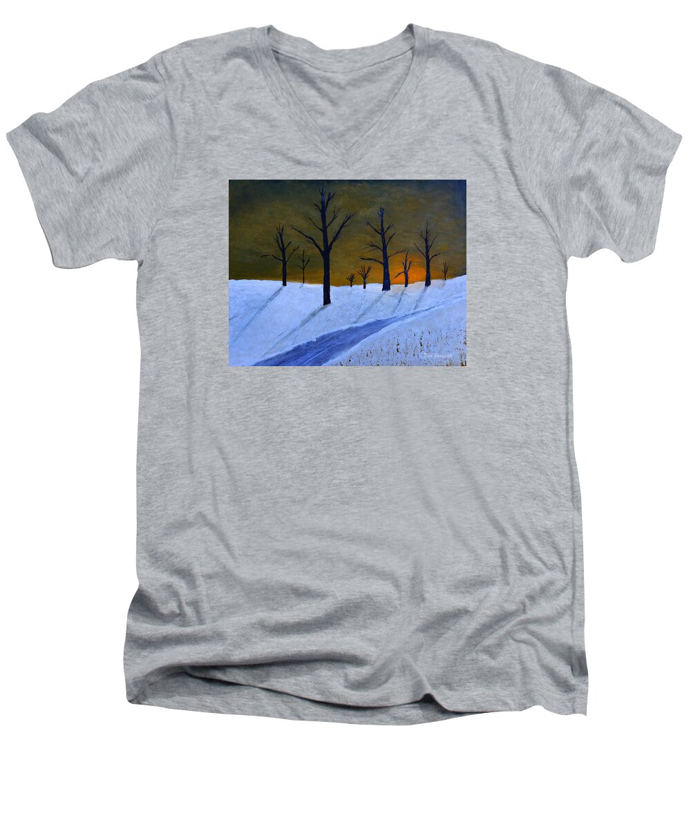 Trees Men's V-Neck T-Shirt featuring the painting Stark Winter Sunset by Dick Bourgault