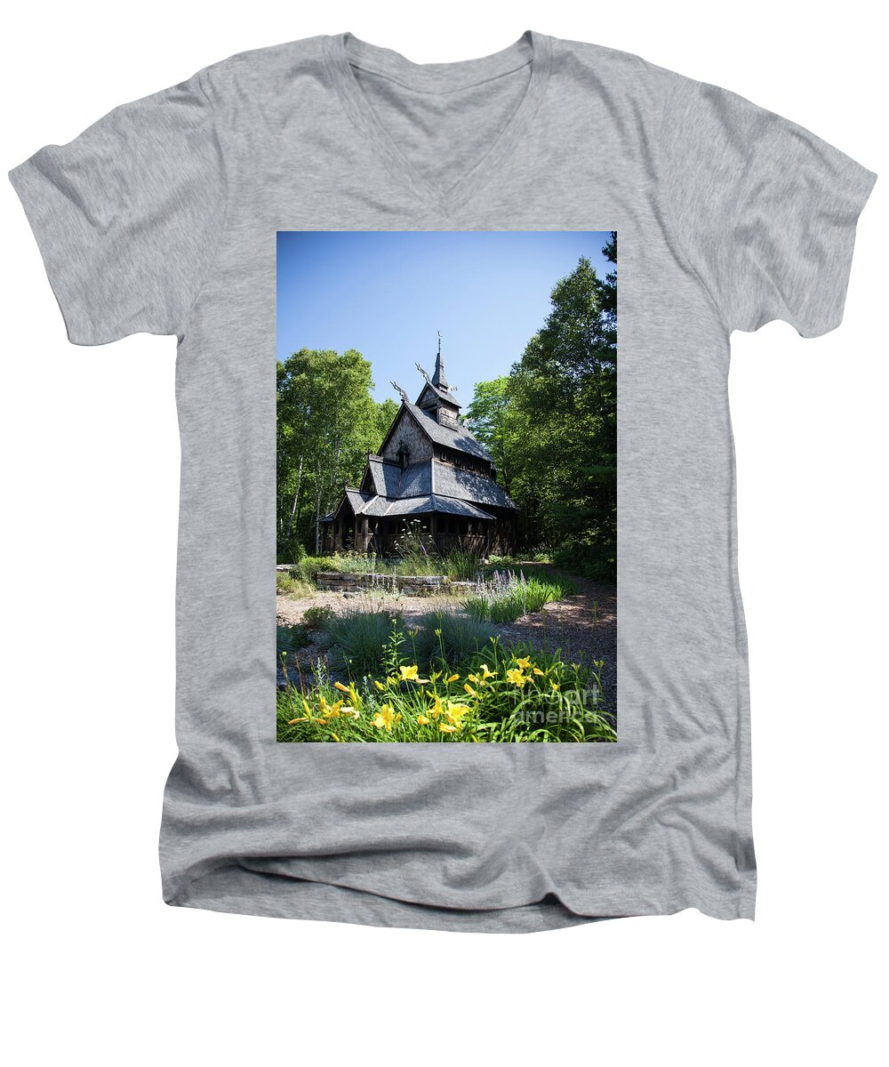 Stavkirke Men's V-Neck T-Shirt featuring the photograph Stavkirke Church by Timothy Johnson