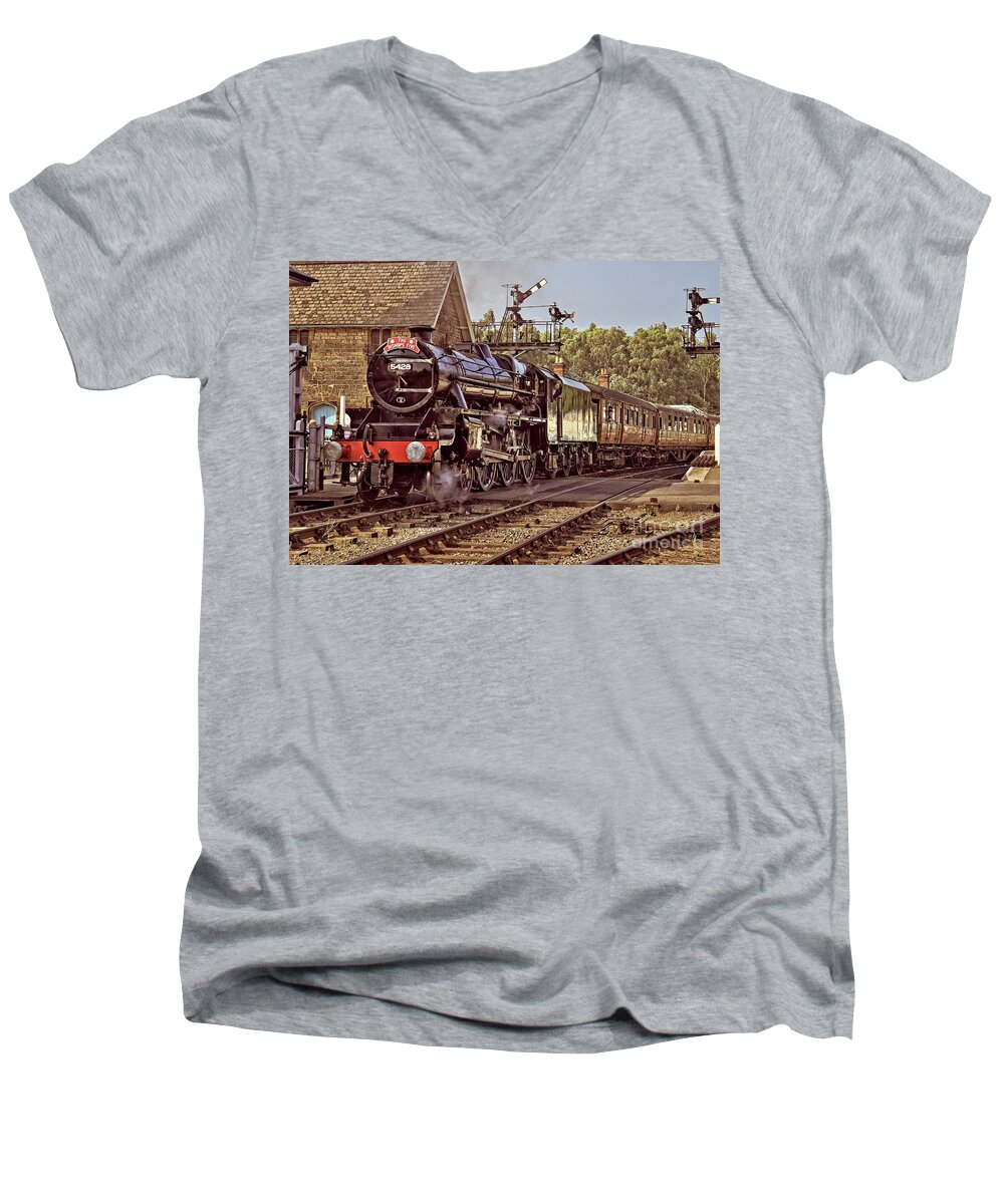 Steam Engine Men's V-Neck T-Shirt featuring the photograph Steam Loco On Yorkshire Railway by Martyn Arnold