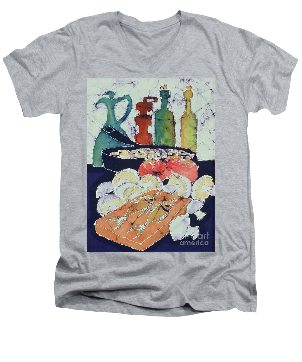 Still Life Men's V-Neck T-Shirt featuring the tapestry - textile Still Life with Blues by Carol Law Conklin