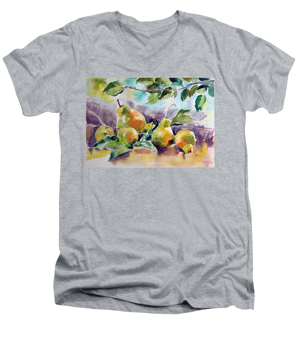 Still Life Men's V-Neck T-Shirt featuring the painting Still life with pears by Kovacs Anna Brigitta