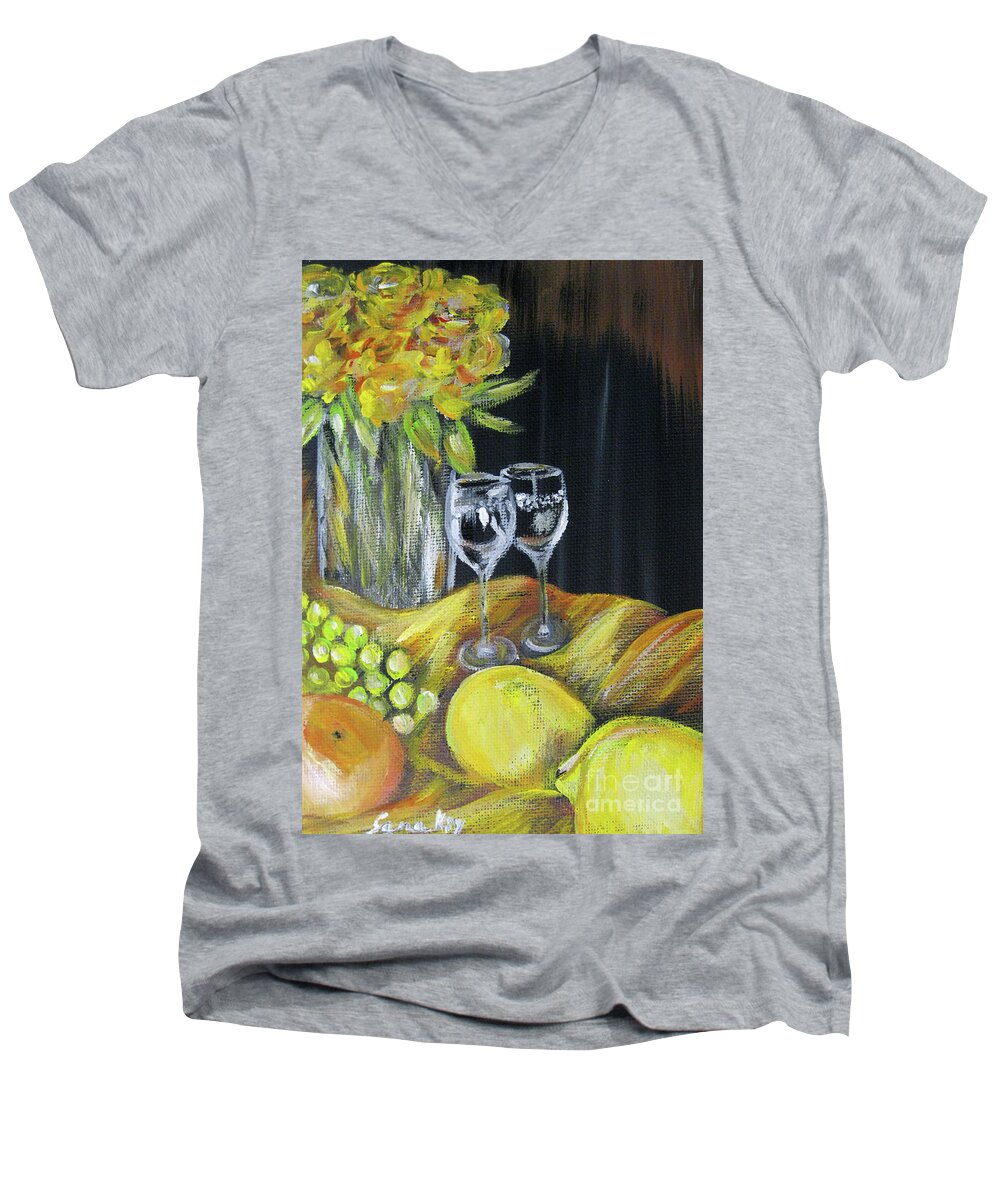 Original Acrylic Painting Men's V-Neck T-Shirt featuring the painting Still Life with wine glasses, Roses and Fruit. Painting by Oksana Semenchenko