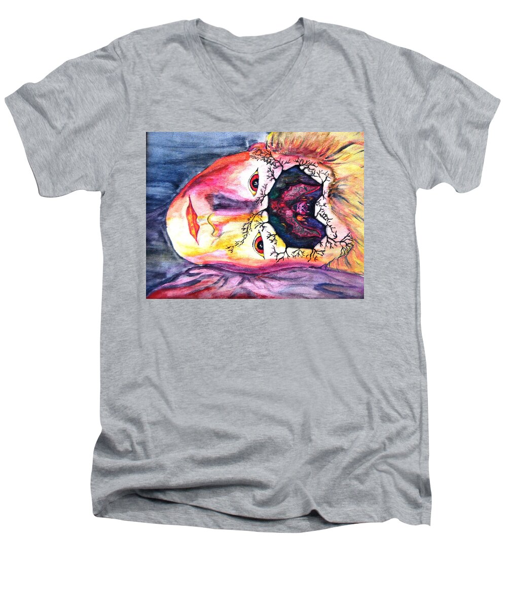 Sting Men's V-Neck T-Shirt featuring the mixed media Sting having a nightmare by Angela Murray