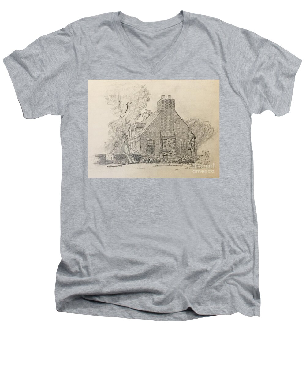 Cottage Men's V-Neck T-Shirt featuring the drawing Stone cottage by Thomas Janos