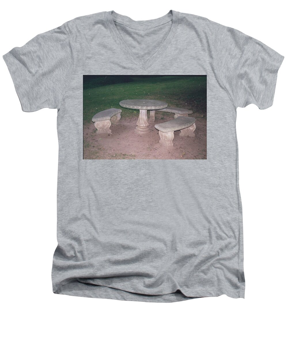 Picnic Table Men's V-Neck T-Shirt featuring the photograph Stone Picnic Table and Benches by Allen Nice-Webb