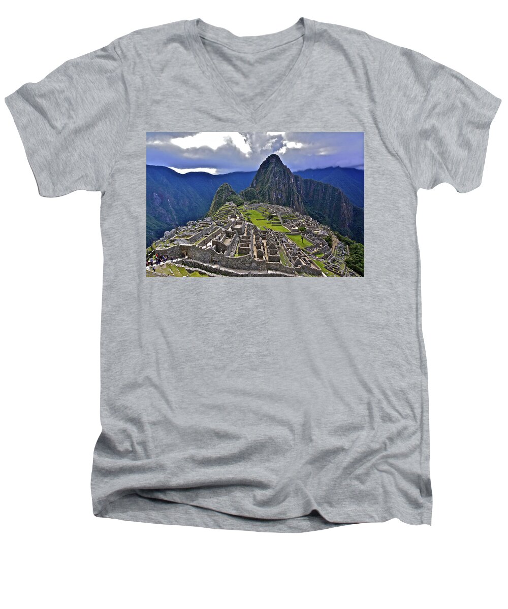 Machu Picchu Men's V-Neck T-Shirt featuring the photograph Storm Inbound to Machu Picchu by Don Mercer