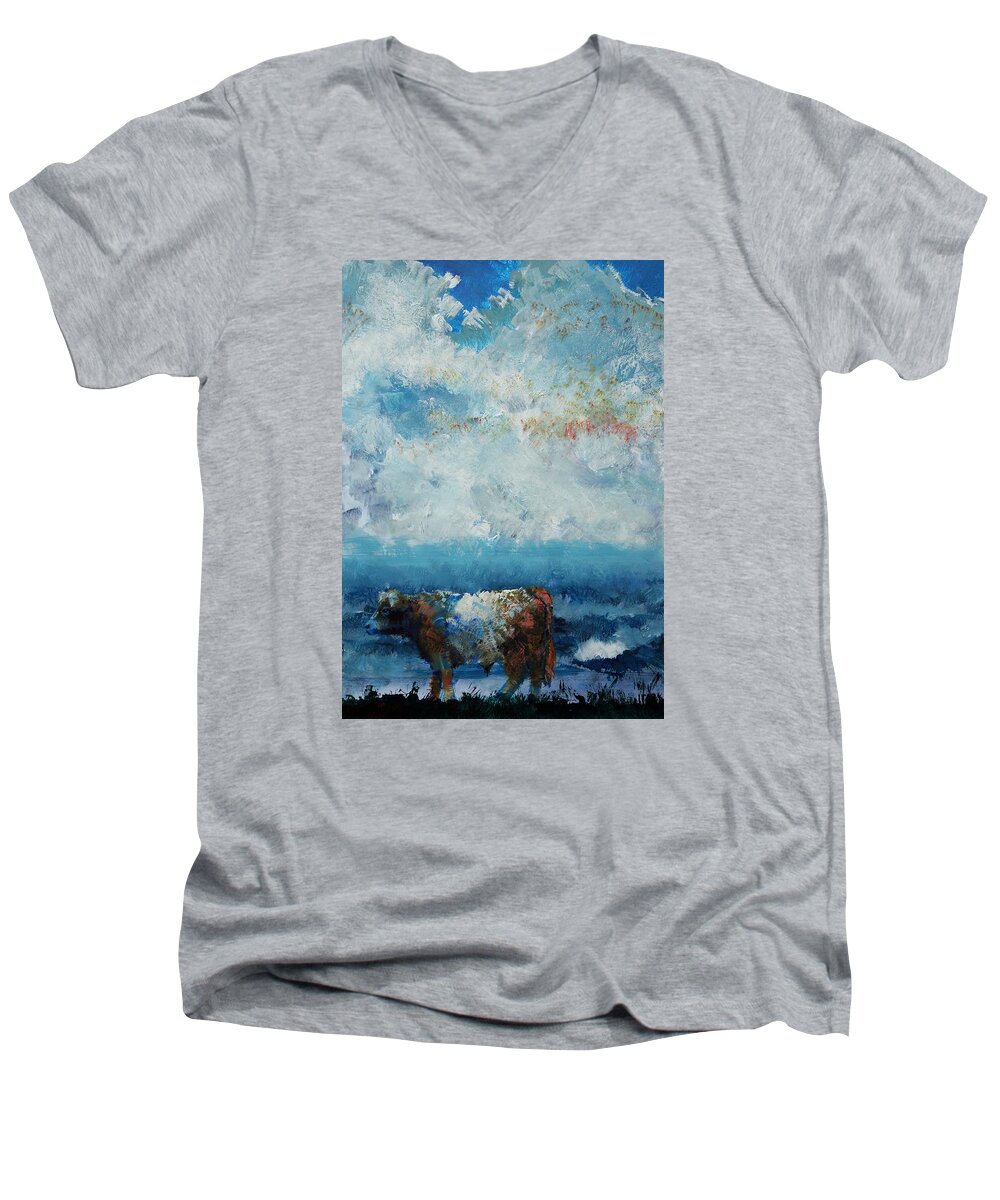 Belted Galloway Cows Men's V-Neck T-Shirt featuring the painting Storms Coming - Belted Galloway Cow Under a Colorful Cloudy Sky by Mike Jory
