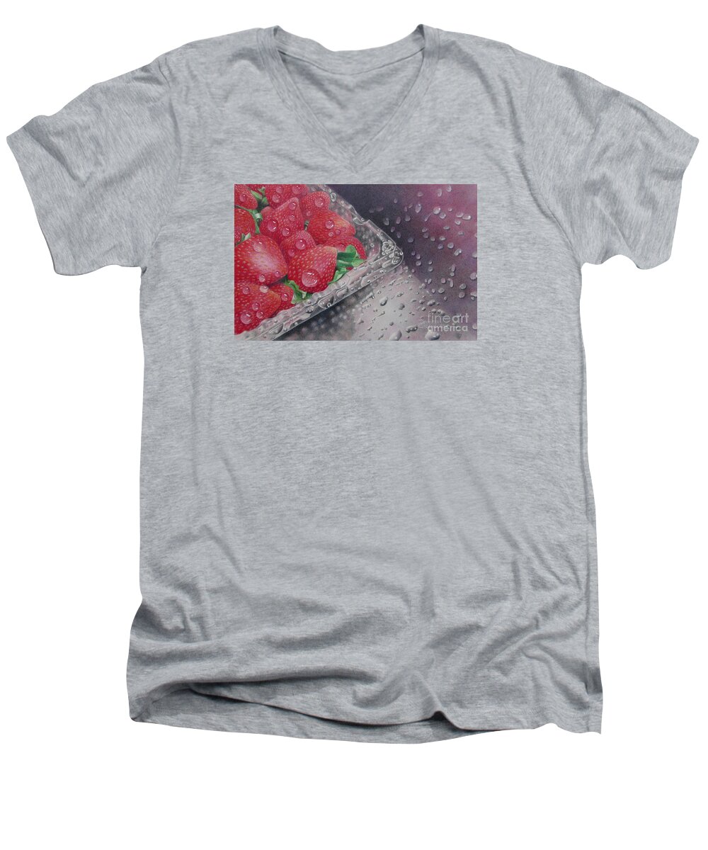 Strawberries Men's V-Neck T-Shirt featuring the drawing Strawberry Splash by Pamela Clements