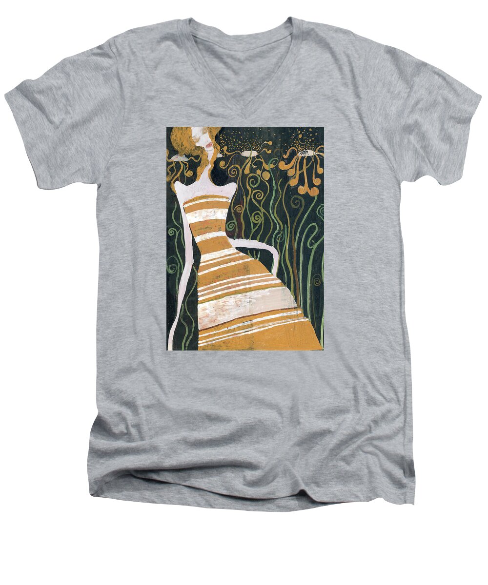 Woman Men's V-Neck T-Shirt featuring the painting Stripe dress by Maya Manolova