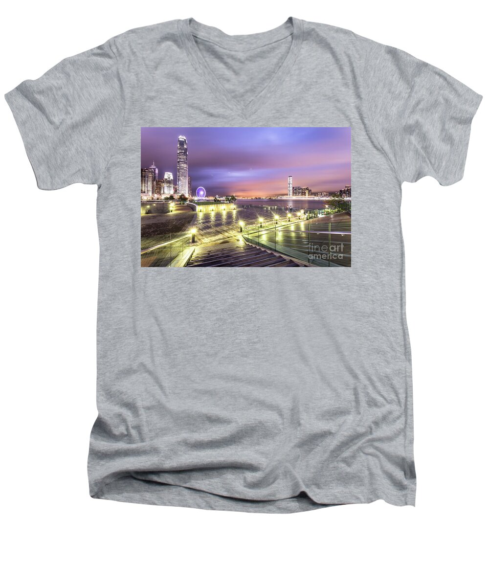 China Men's V-Neck T-Shirt featuring the photograph Stunning night view of the famous Hong Kong island skyline and V by Didier Marti