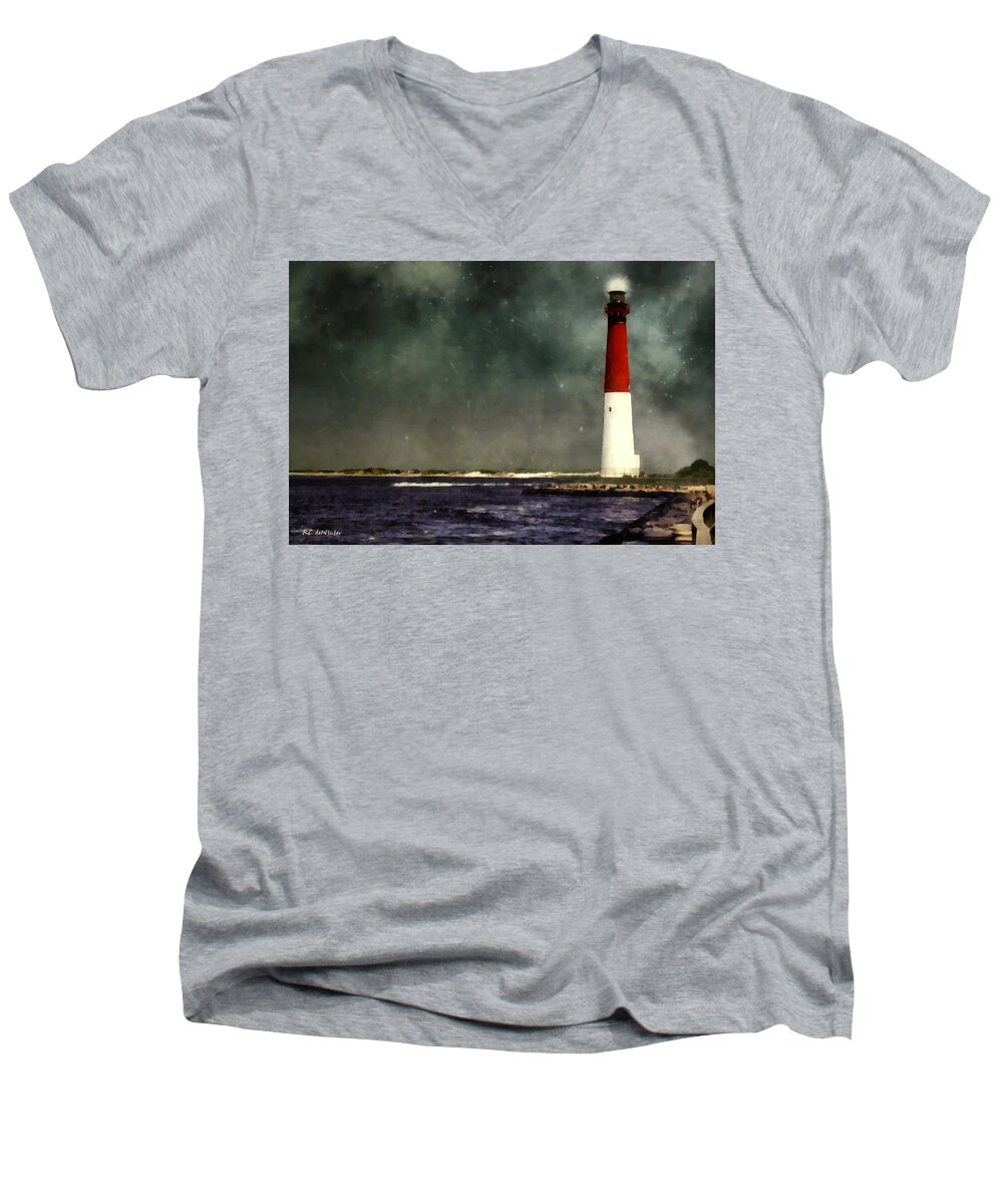 Lighthouse Men's V-Neck T-Shirt featuring the painting Summer Night at the Shore by RC DeWinter