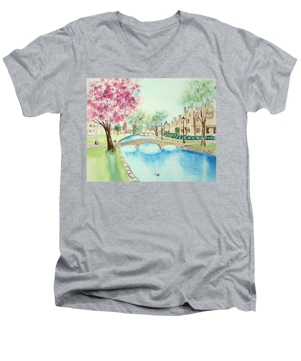 Villages Men's V-Neck T-Shirt featuring the painting Summer in Bourton by Elizabeth Lock
