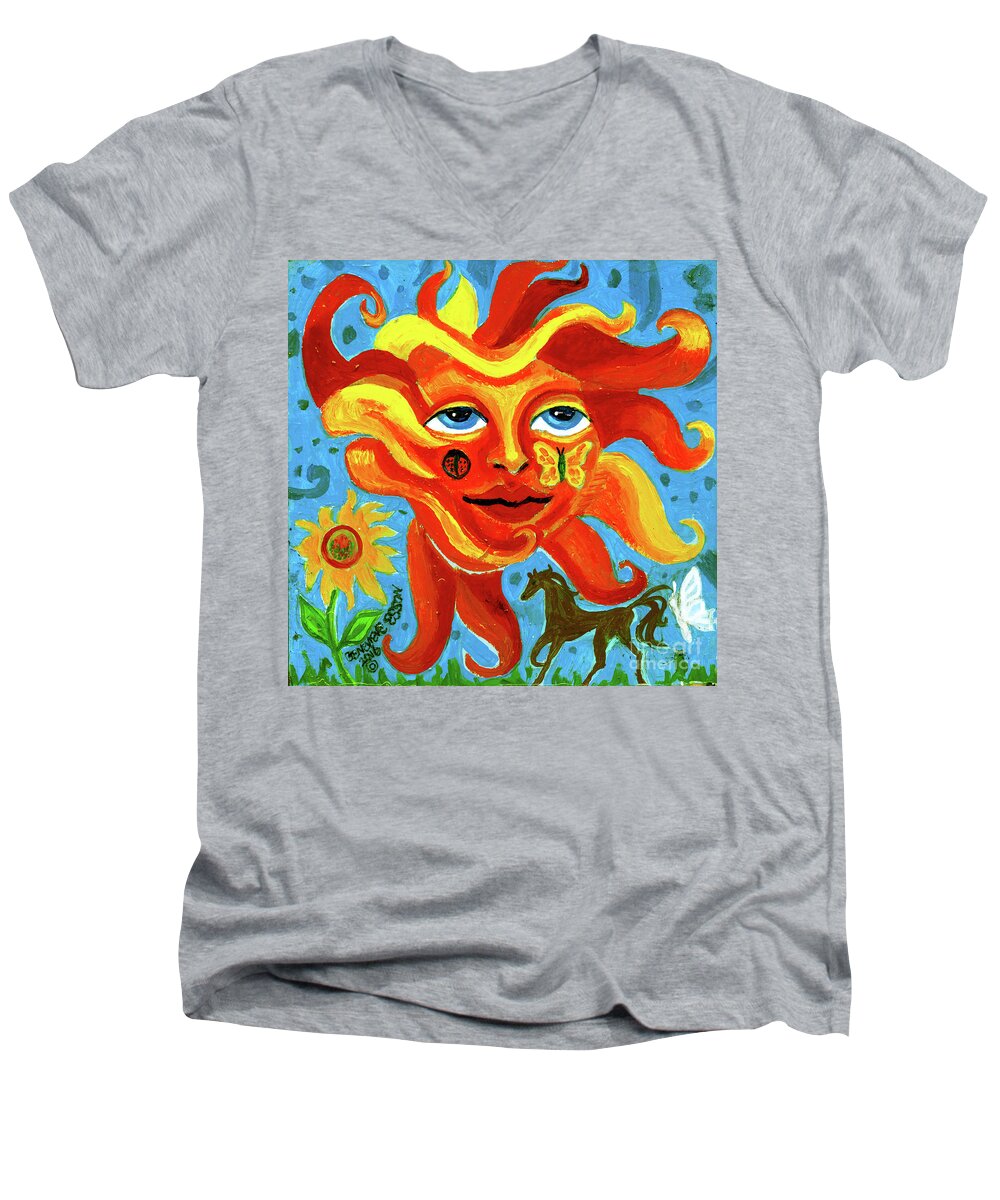 Sun Men's V-Neck T-Shirt featuring the painting Sunface With Butterfly And Horse by Genevieve Esson
