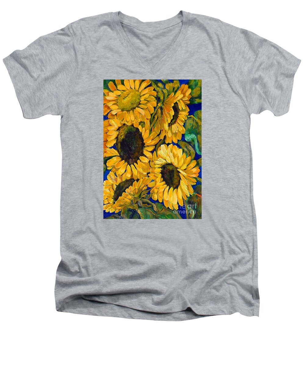 Flowers Men's V-Neck T-Shirt featuring the painting Sunflower Faces by Beverly Boulet