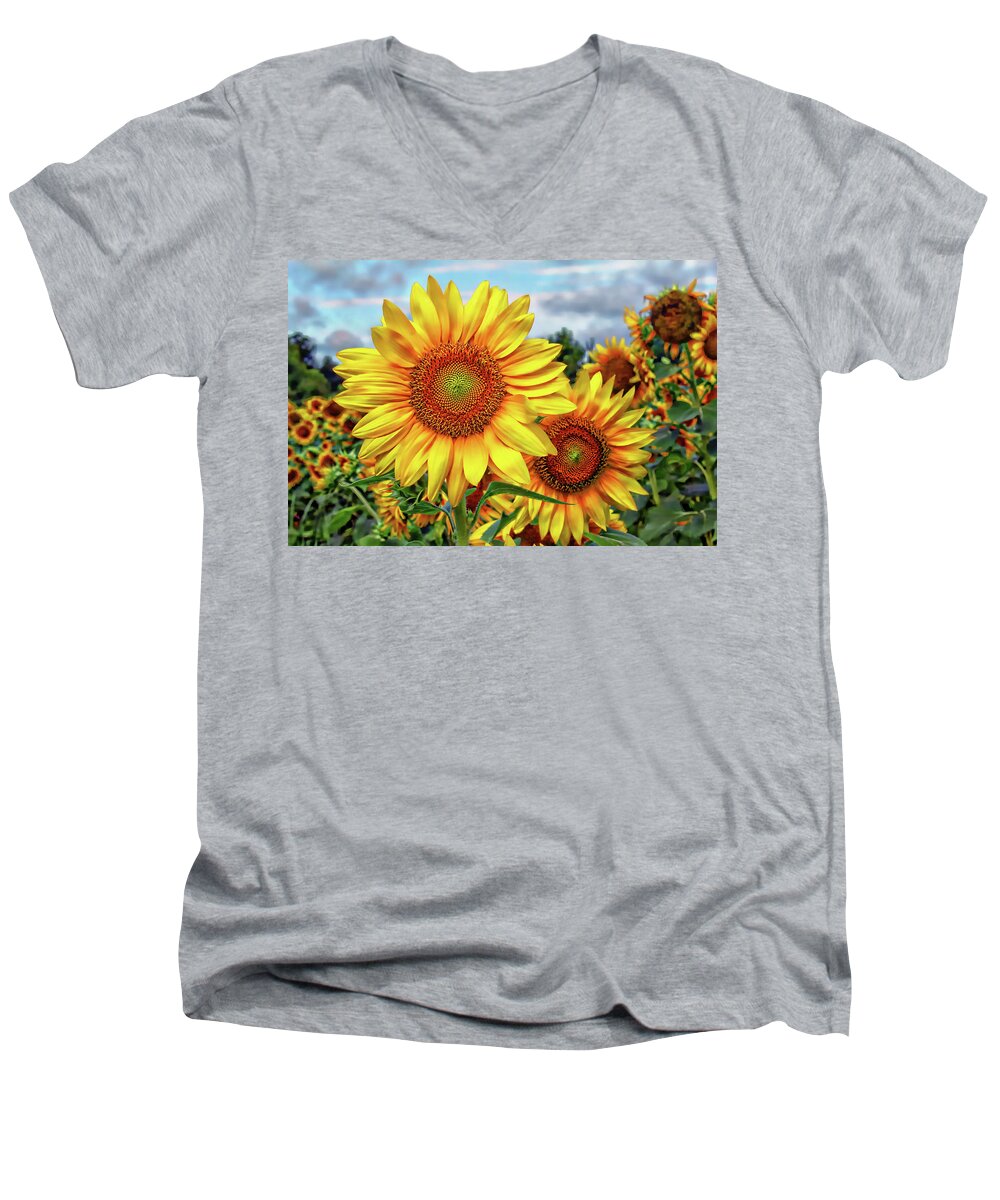 Sunflower Men's V-Neck T-Shirt featuring the photograph Sunflower Field by Jessica Brawley