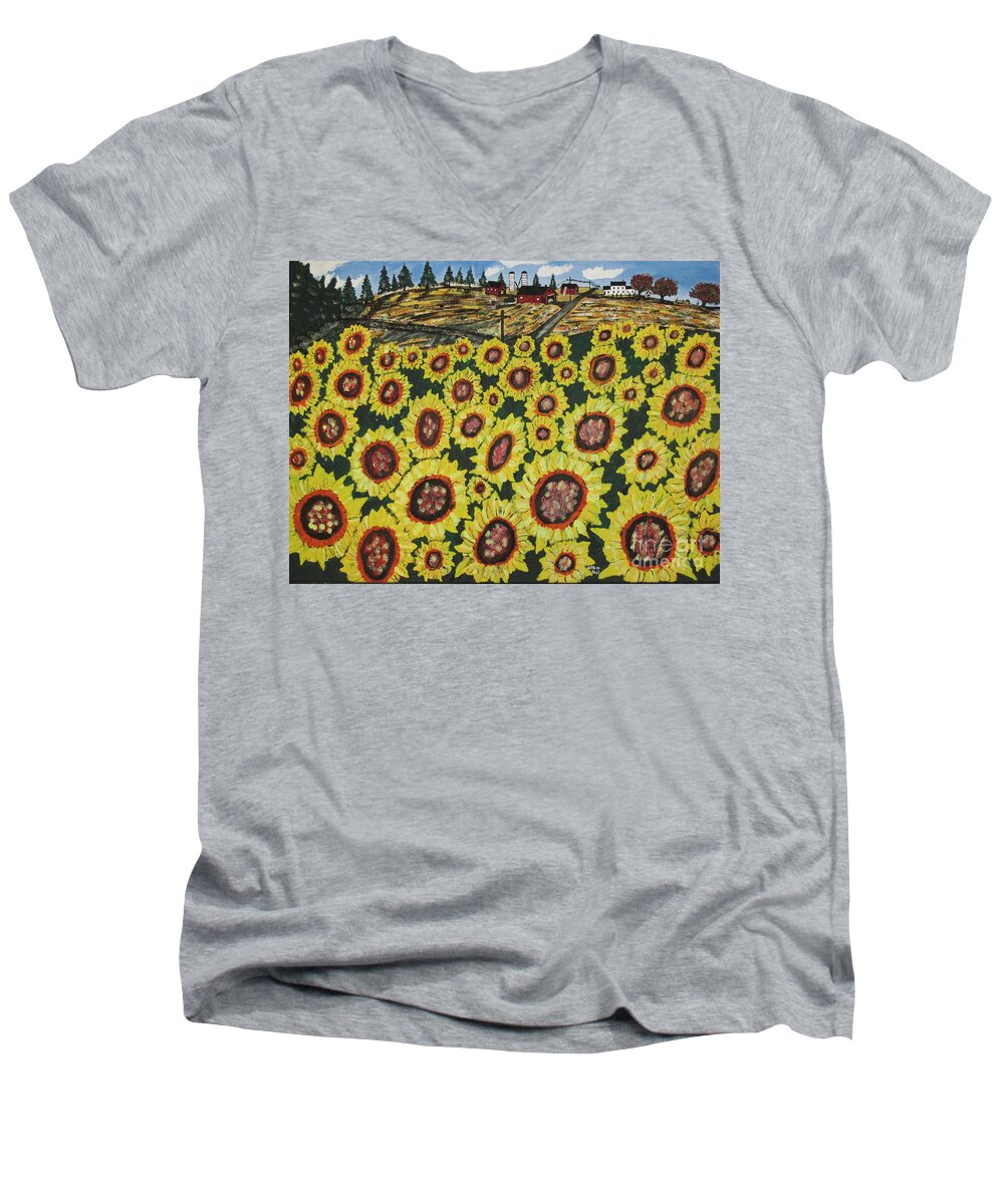 Sunflower Men's V-Neck T-Shirt featuring the painting Sunflower Fields Forever by Jeffrey Koss