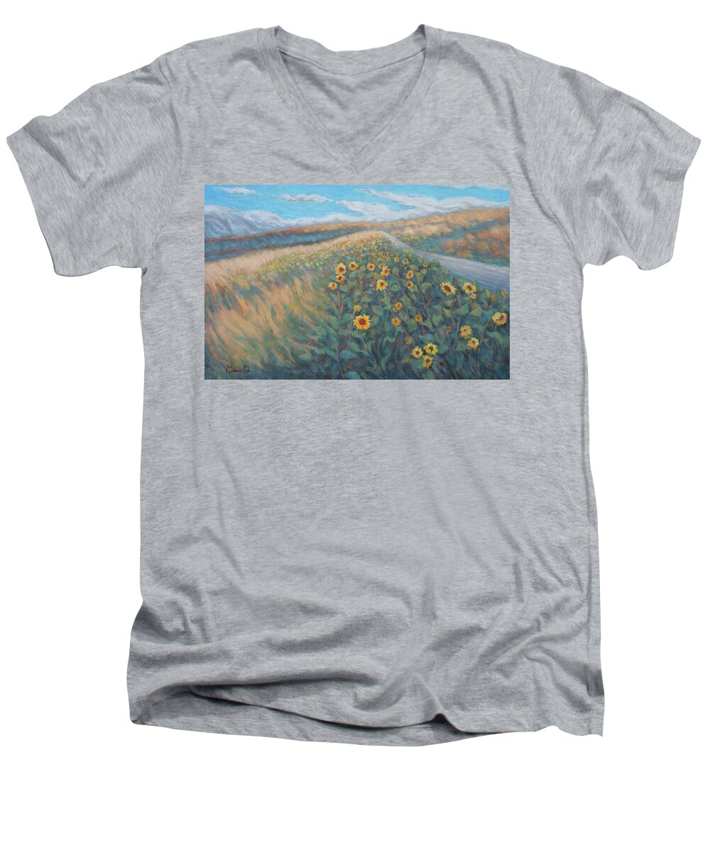 Sunflower Patch Men's V-Neck T-Shirt featuring the painting Sunflower Journey by Gina Grundemann