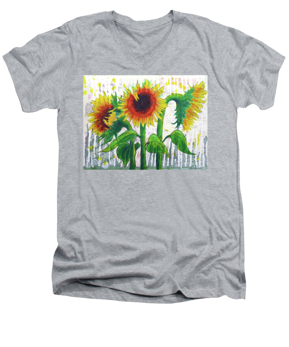 Sunflower Men's V-Neck T-Shirt featuring the painting Sunflower Sonata by Lisa Crisman