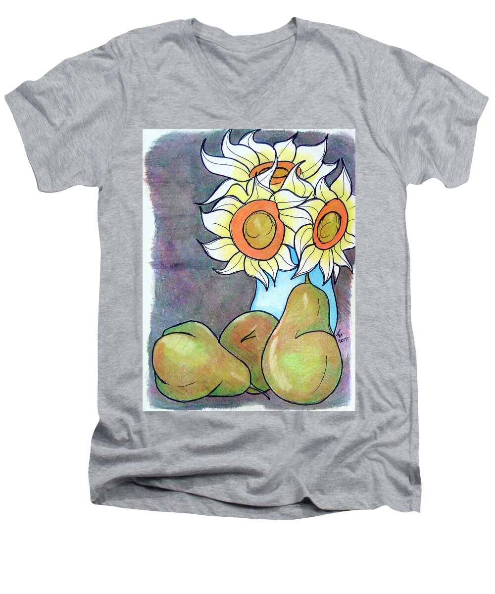 Sunflowers Men's V-Neck T-Shirt featuring the drawing Sunflowers and pears by Loretta Nash