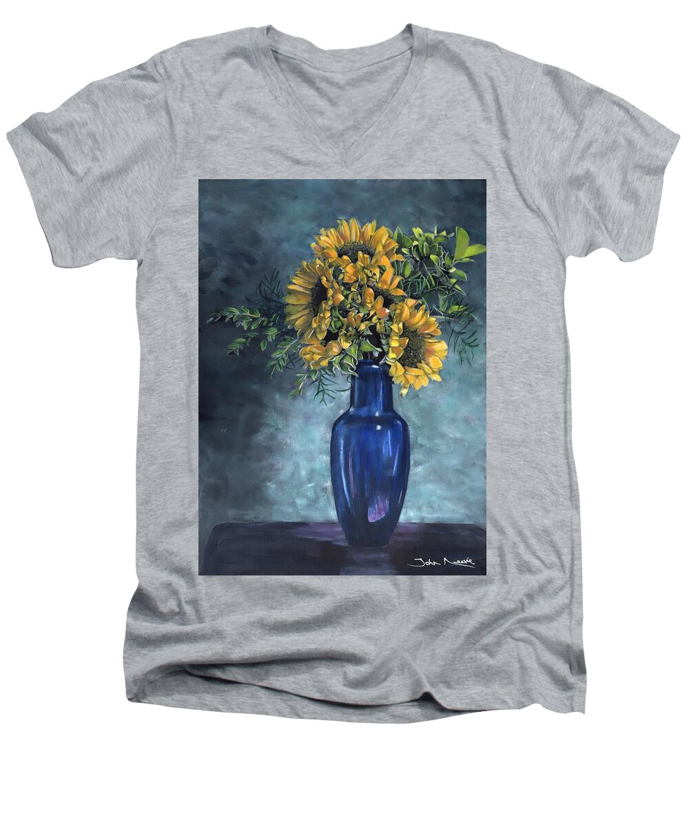 Sunflower Men's V-Neck T-Shirt featuring the painting Sunflowers by John Neeve