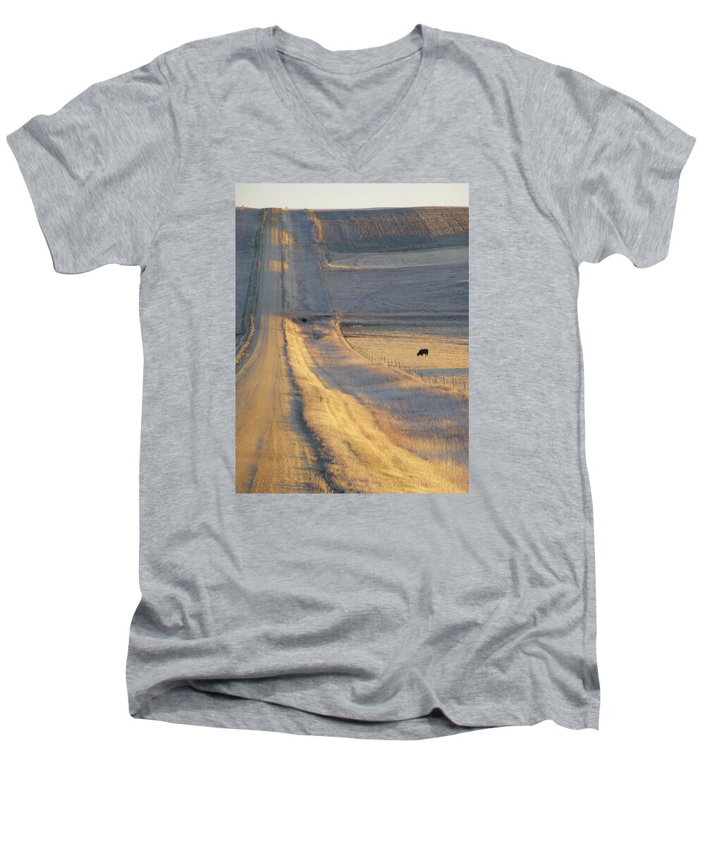 North Dakota Men's V-Neck T-Shirt featuring the photograph Sunlit Road by Cris Fulton