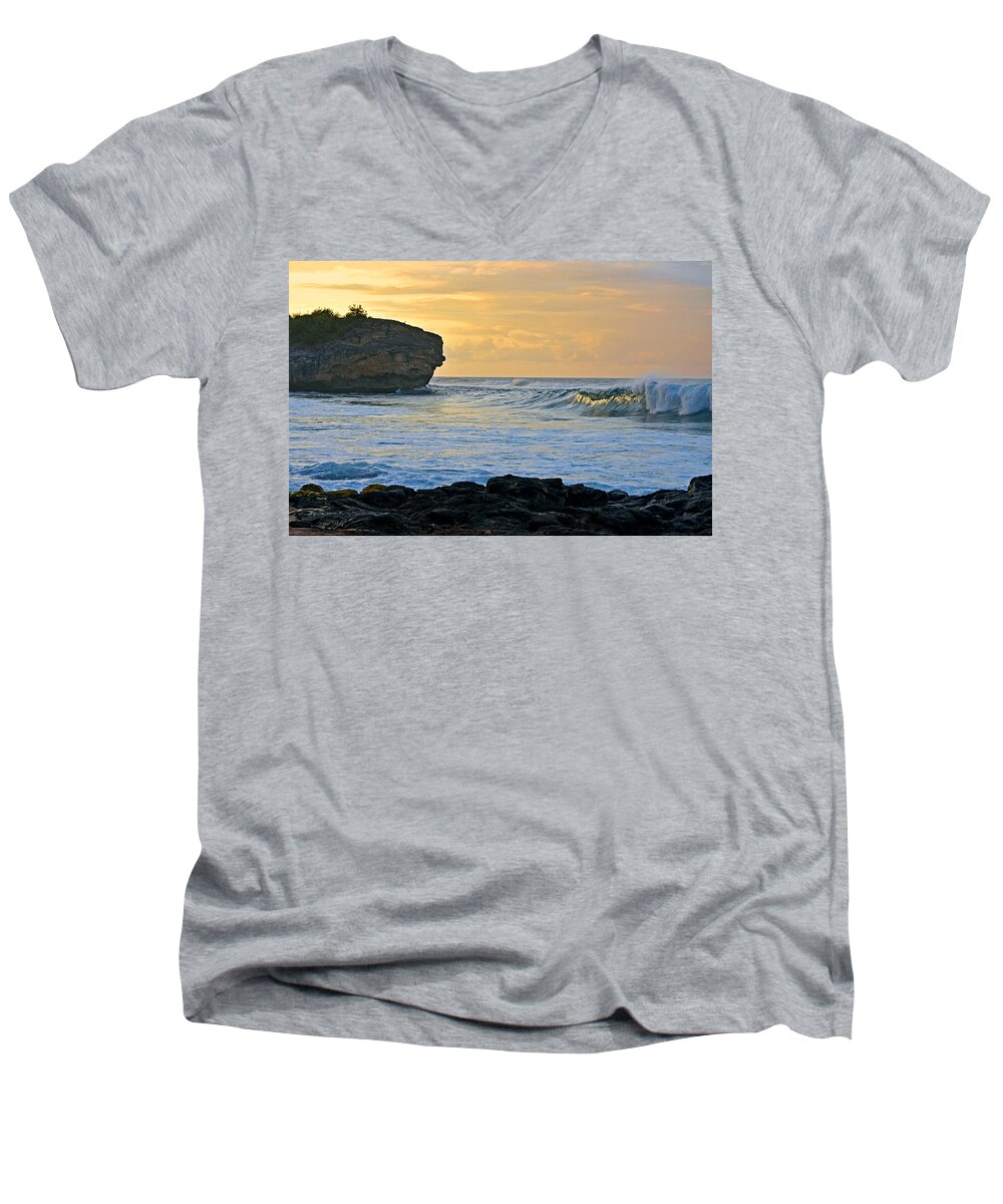 Hawaii Men's V-Neck T-Shirt featuring the photograph Sunlit Waves - Kauai Dawn by Marie Hicks