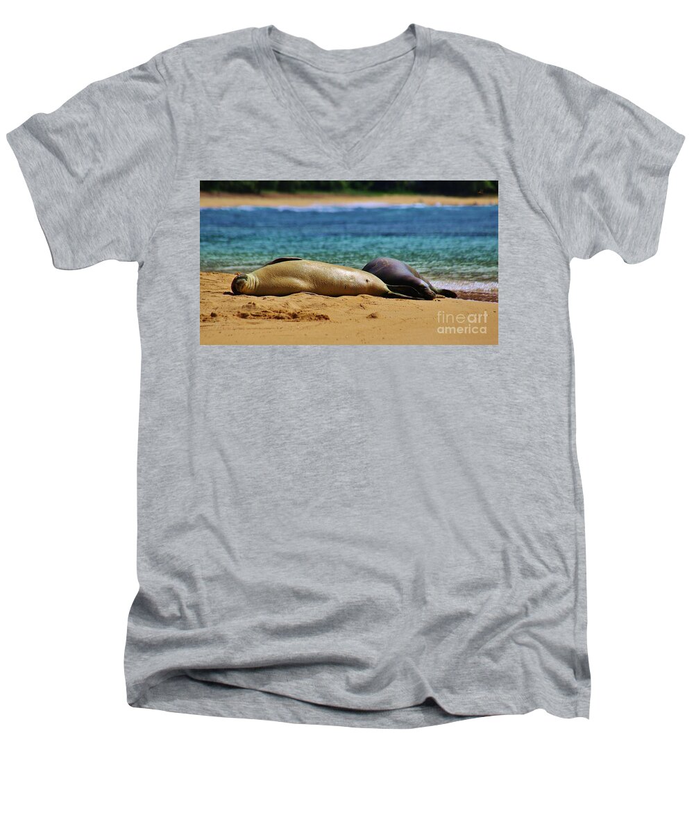 Hawaiian Monk Seal Men's V-Neck T-Shirt featuring the photograph Sunning on the Beach in Hawaii by Craig Wood