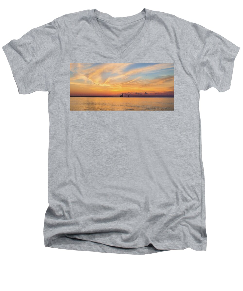 Lighthouse Men's V-Neck T-Shirt featuring the photograph Sunrise and Splendor by Bill Pevlor