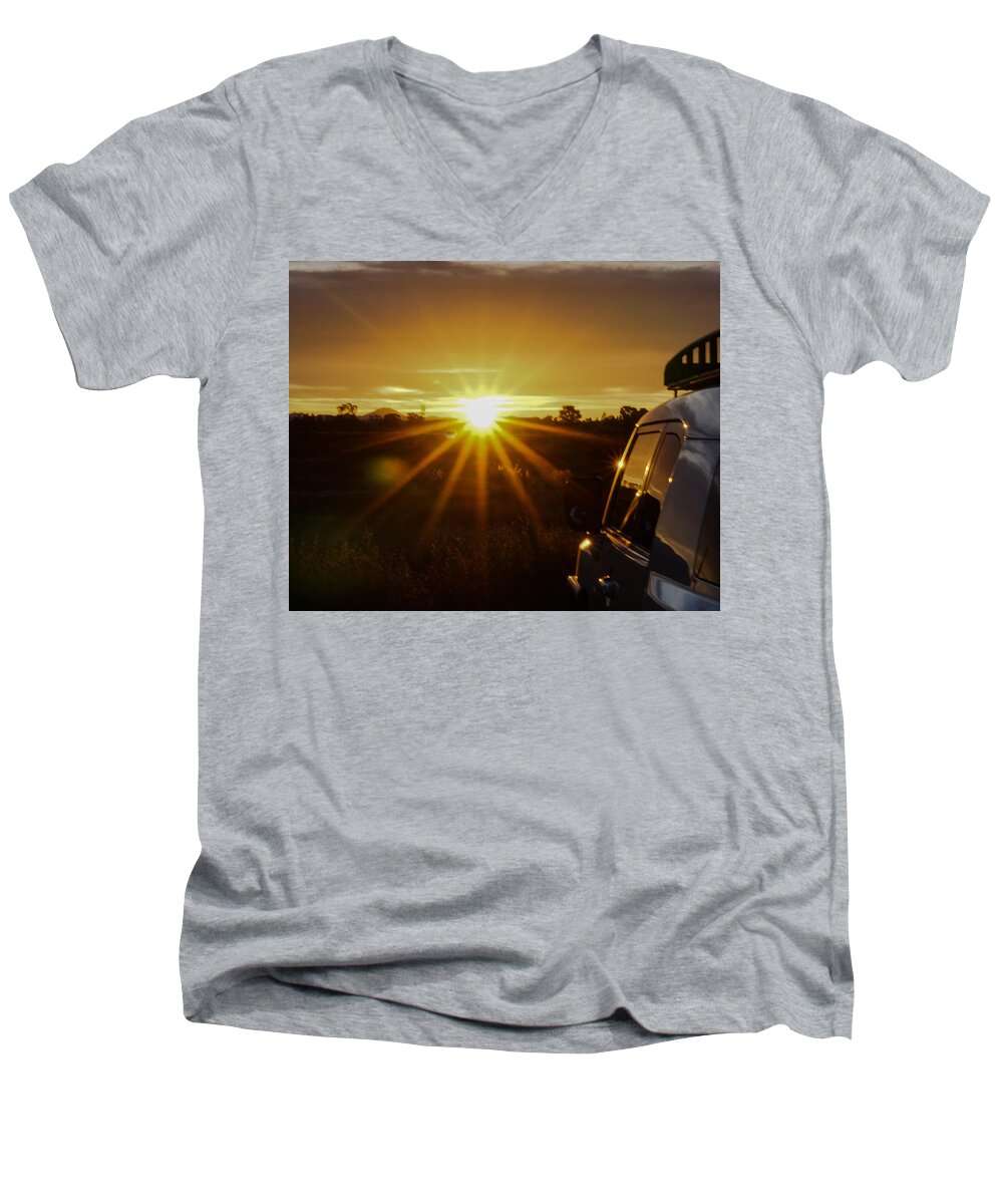 Sunrise Men's V-Neck T-Shirt featuring the photograph Sunrise and My Ride by Jeremy McKay