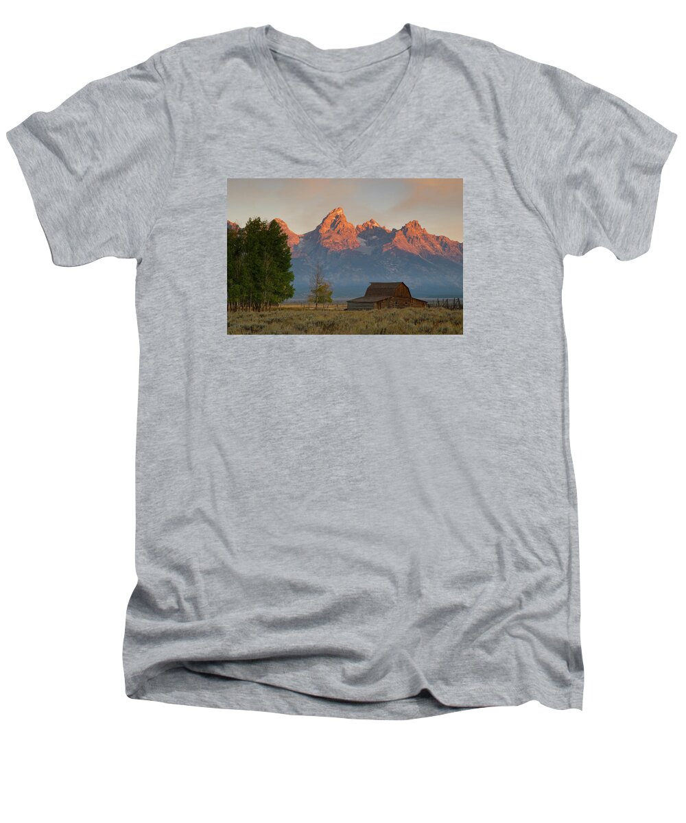 Grand Teton Men's V-Neck T-Shirt featuring the photograph Sunrise in Jackson Hole by Steve Stuller
