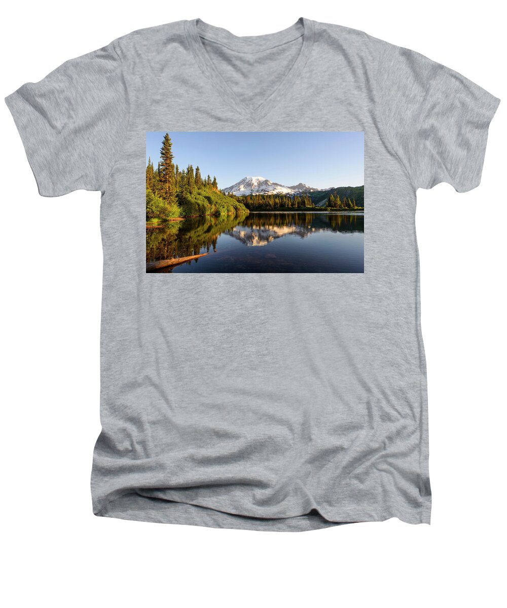 Sunrise Men's V-Neck T-Shirt featuring the digital art The Bench Lake by Michael Lee