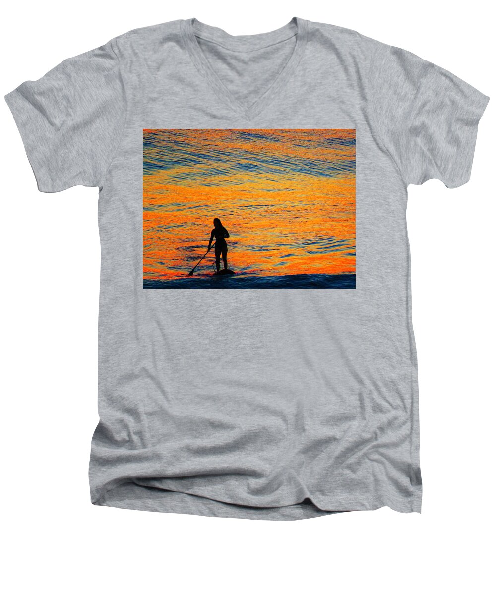 Kathy Long Men's V-Neck T-Shirt featuring the photograph Sunrise Silhouette by Kathy Long