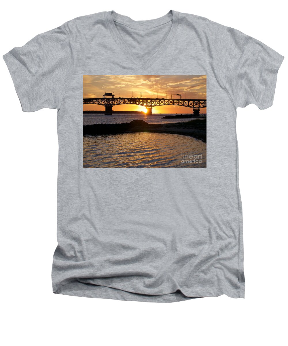 Bridge Men's V-Neck T-Shirt featuring the photograph Sunrise Under Coleman Bridge by Lara Morrison