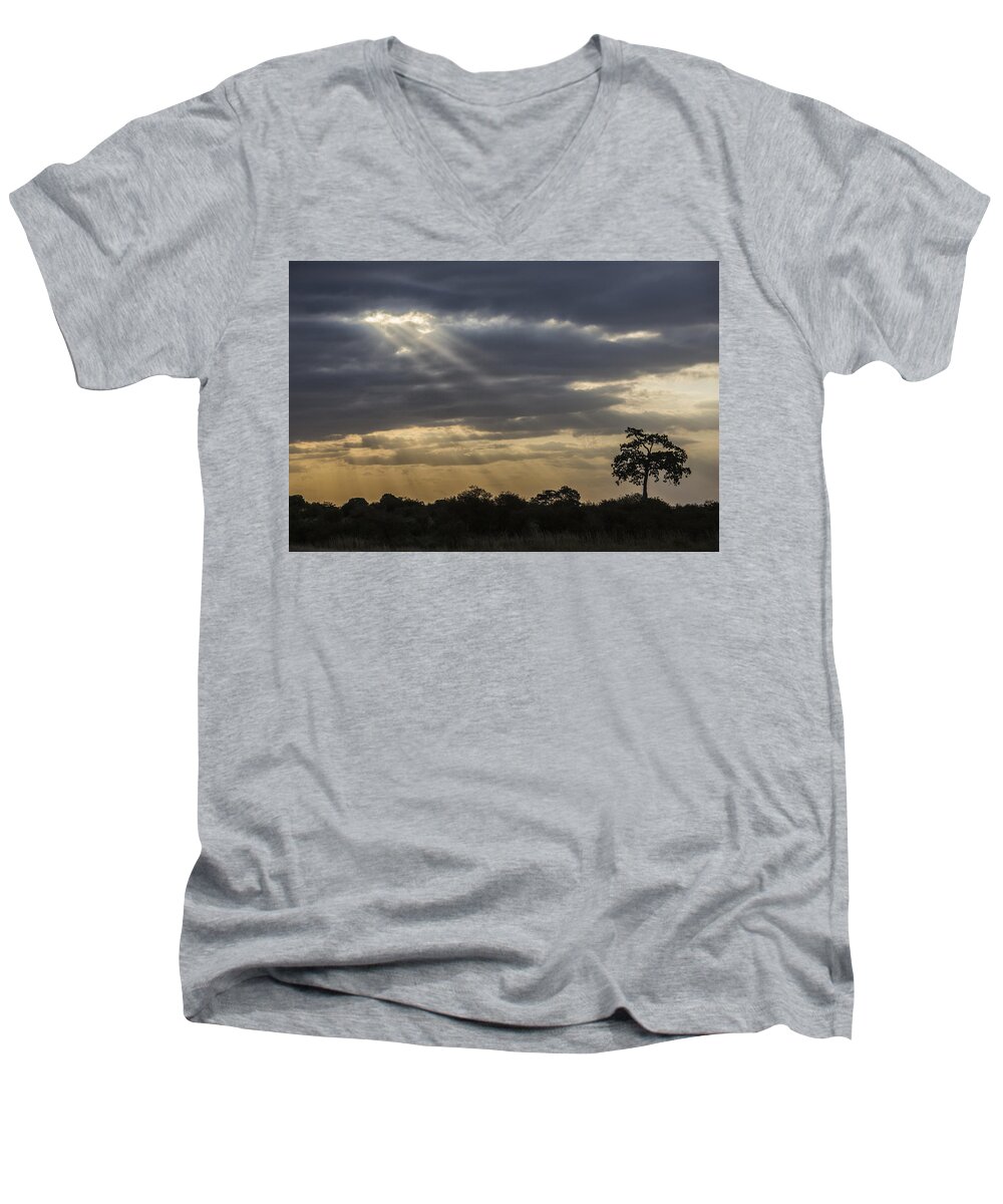 Crepuscular Rays Men's V-Neck T-Shirt featuring the tapestry - textile Sunset Africa 2 by Kathy Adams Clark
