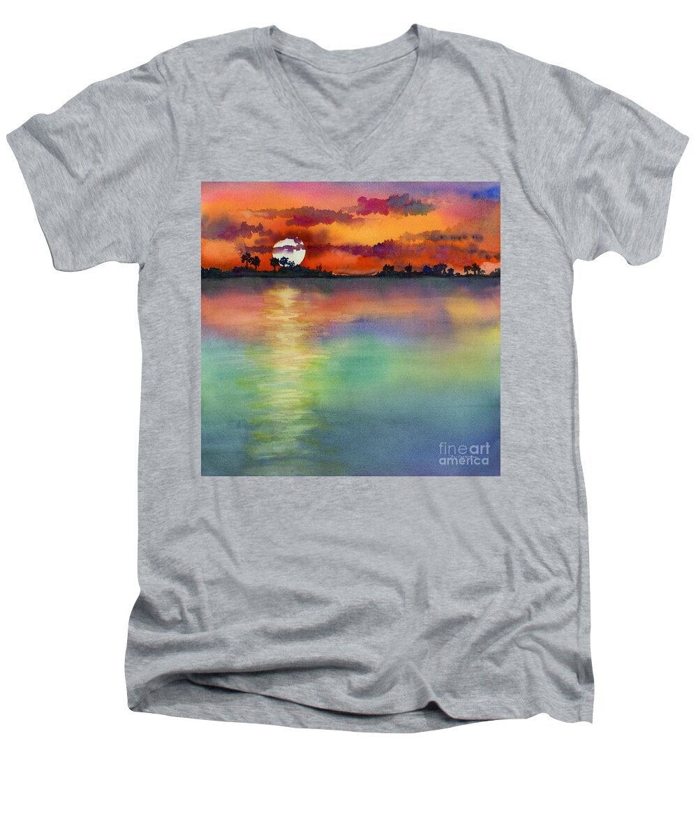Sunset Men's V-Neck T-Shirt featuring the painting Sunset by Amy Kirkpatrick