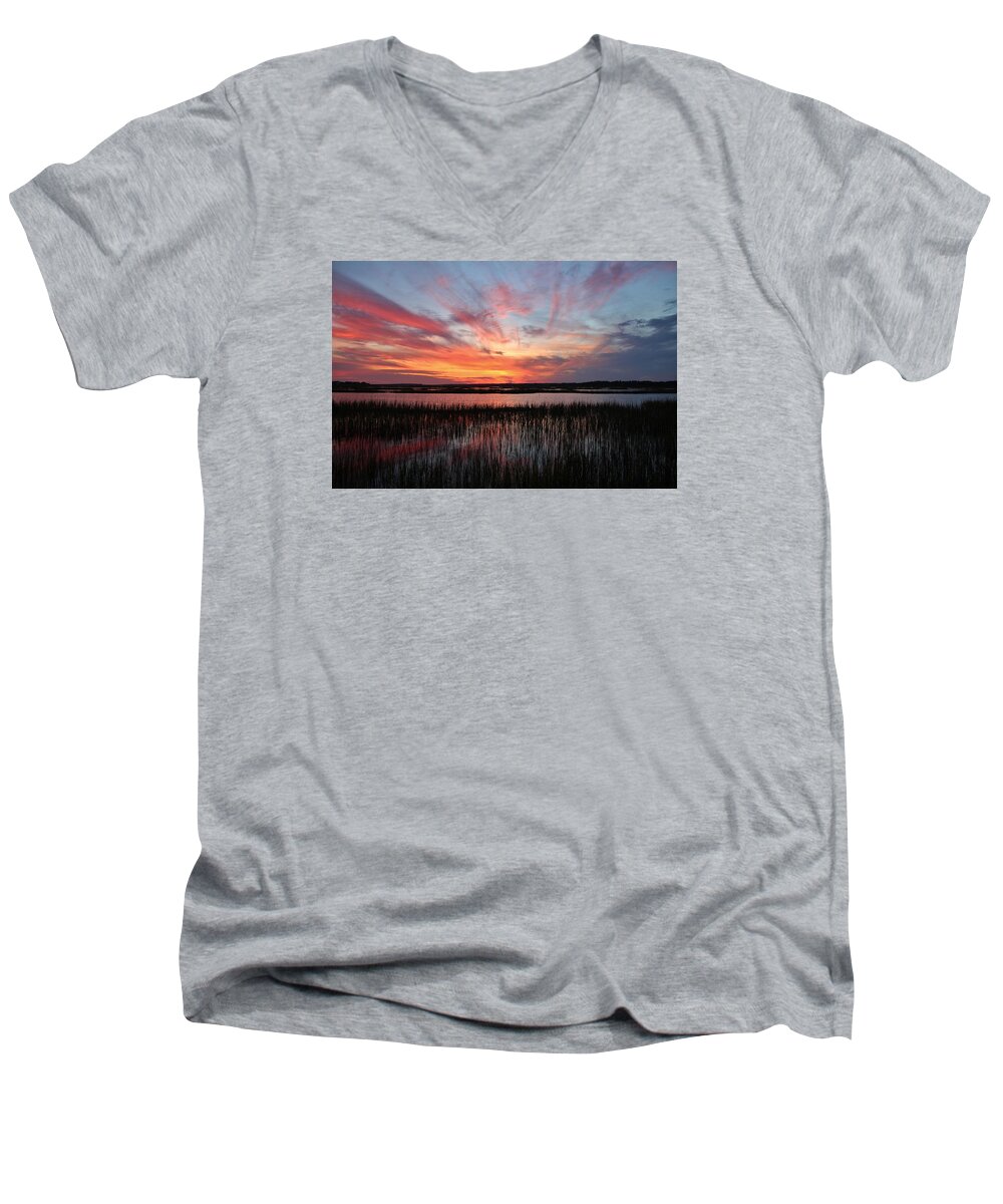 Sun Men's V-Neck T-Shirt featuring the photograph Sunset And Reflections 2 by Cynthia Guinn