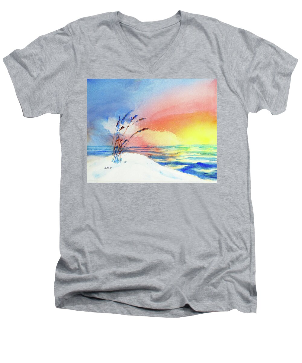 Beach Men's V-Neck T-Shirt featuring the painting Sunset at Orange Beach by Jerry Fair