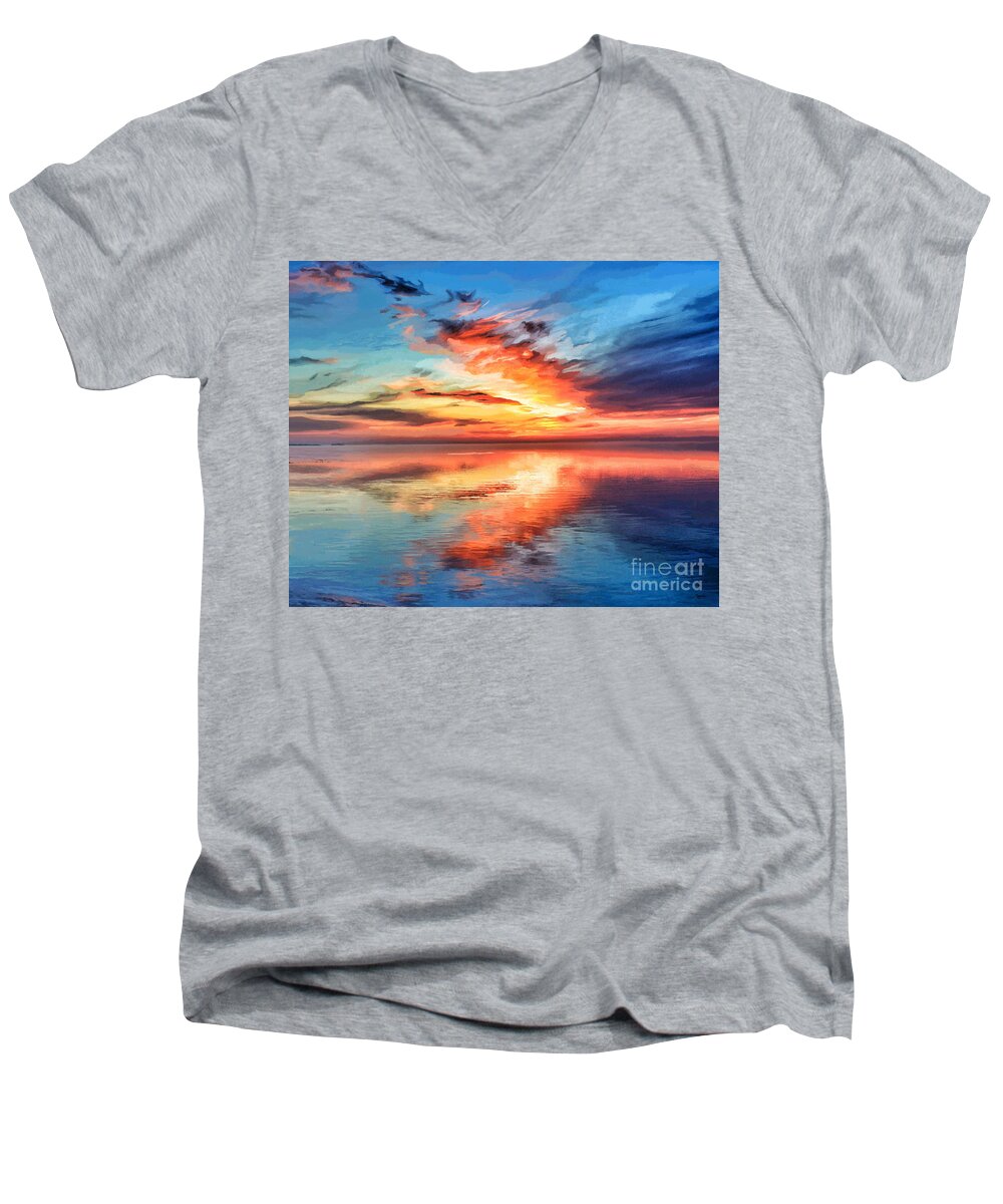 Sun Men's V-Neck T-Shirt featuring the painting Sunset Lake Reflection by Jackie Case