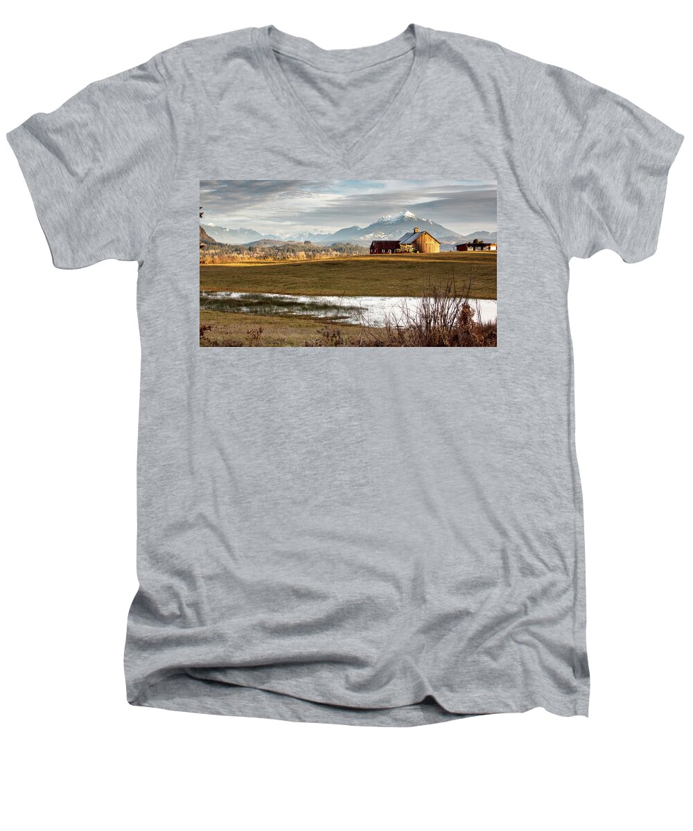 Farm Men's V-Neck T-Shirt featuring the photograph Sunset On The Farm by Tony Locke