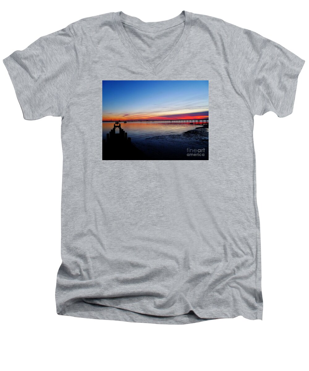 Southend Men's V-Neck T-Shirt featuring the photograph Sunset on the Shore of Southend by Vicki Spindler