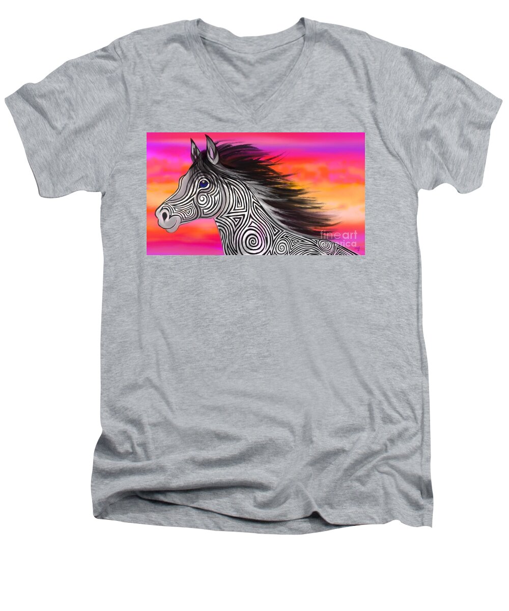 Horse Men's V-Neck T-Shirt featuring the painting Sunset Ride Tribal Horse by Nick Gustafson