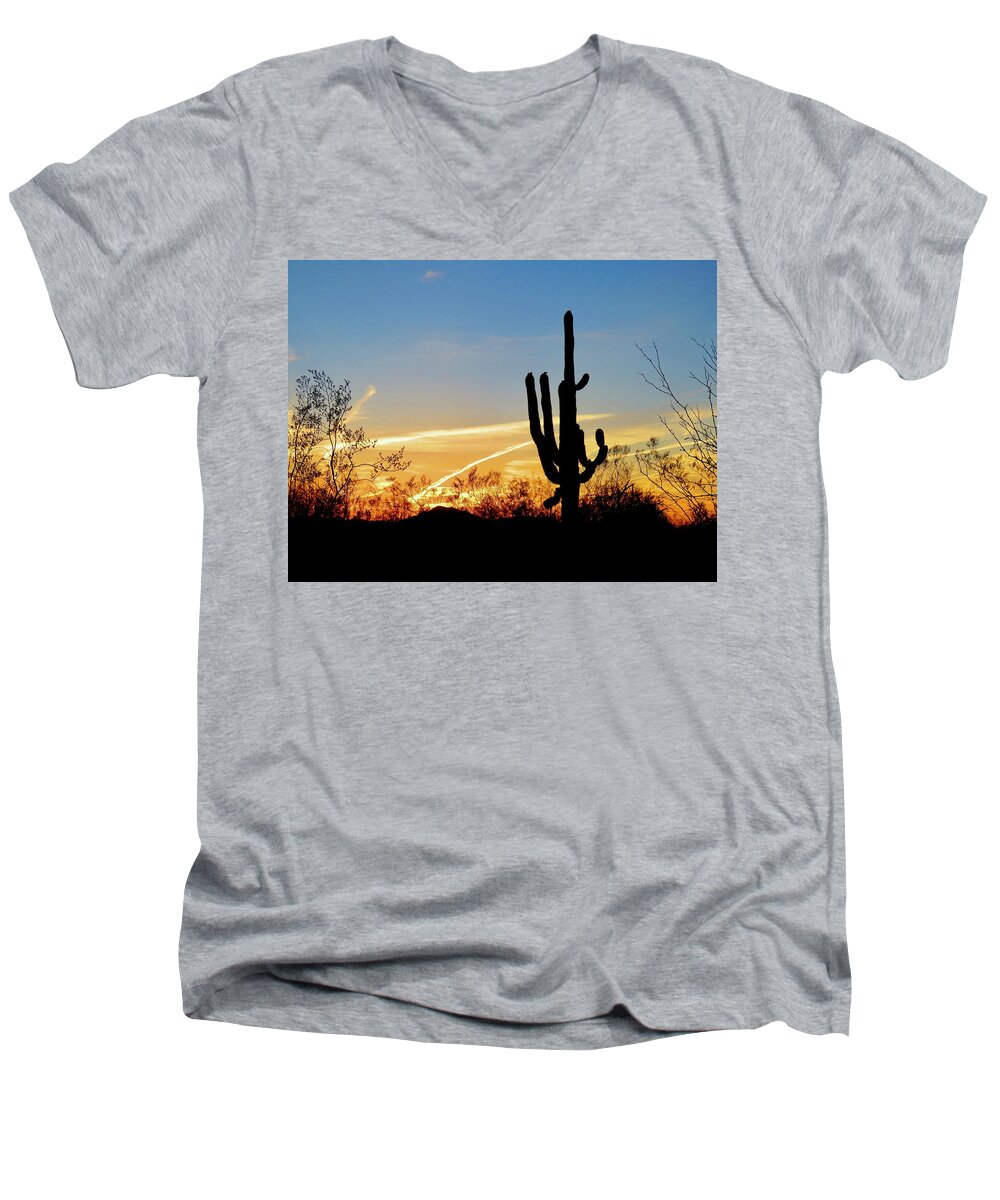 Arizona Men's V-Neck T-Shirt featuring the photograph Sunset Saguaro in the Spring by Judy Kennedy