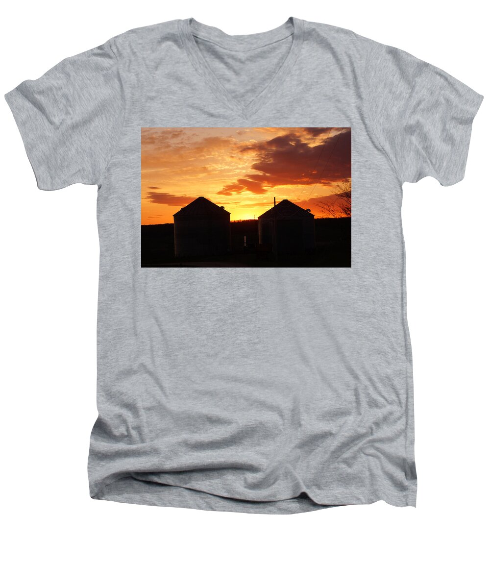 Evening Men's V-Neck T-Shirt featuring the digital art Sunset Silos by Jana Russon