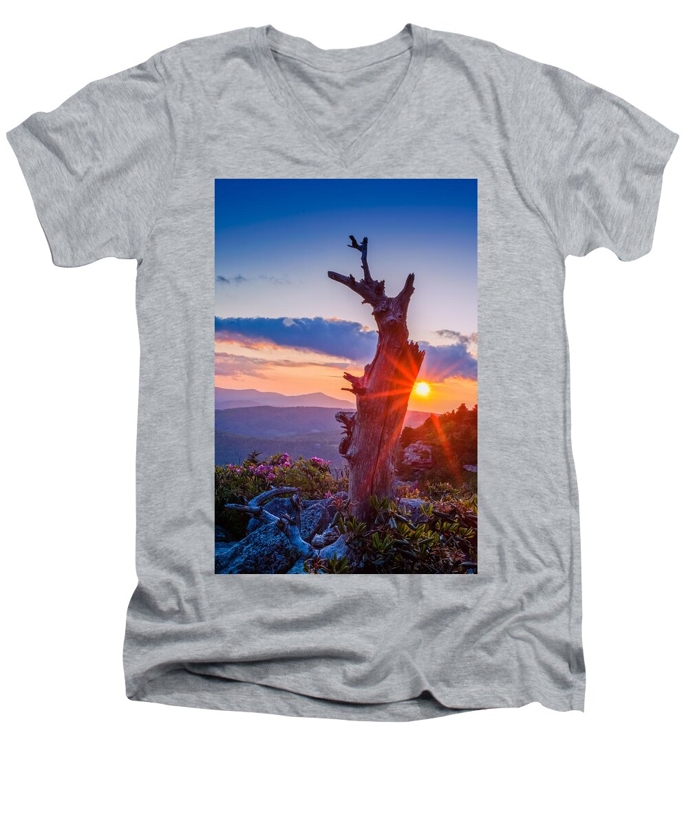 Joye Ardyn Durham Men's V-Neck T-Shirt featuring the photograph Sunset Tree by Joye Ardyn Durham